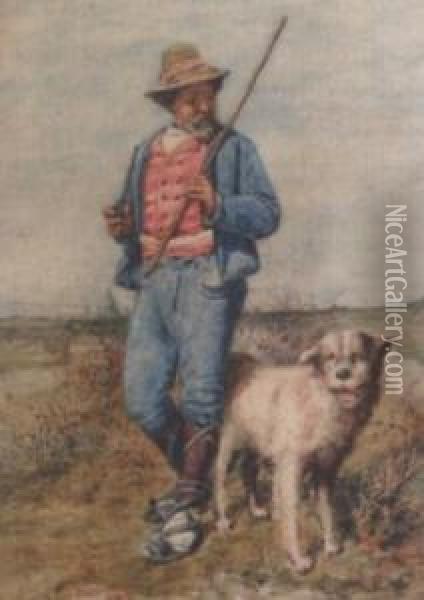 Man Walking His Dog In The Roman Countryside Oil Painting - Pietro Gabrini