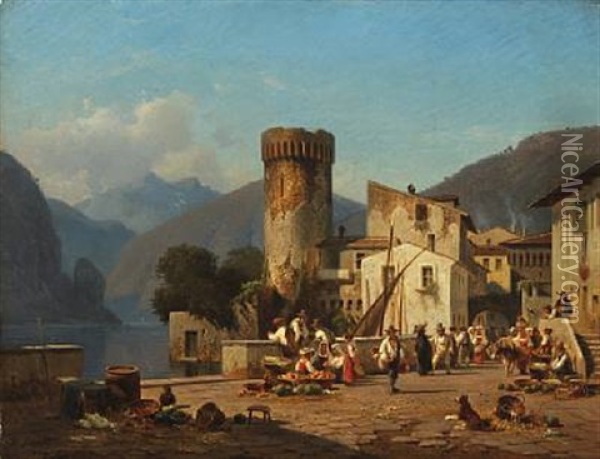Street Life In A Village At A Lake In Northern Italy Oil Painting - Frederik Niels Martin Rohde