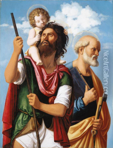Saint Christopher With The Infant Christ And Saint Peter Oil Painting - Giovanni Battista Cima da Conegliano