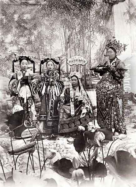 Portrait of Tz'U-Hsi (1835-1908) Empress Dowager of China accompanied by two maids of honour and a guard Oil Painting - Anonymous Artist