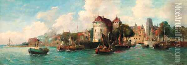 A Continental harbour Oil Painting - Hungarian School