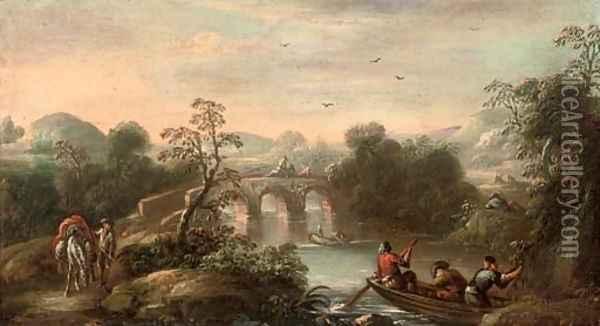 An Italianate wooded river landscape with fishermen in a boat and figures on a bridge beyond Oil Painting - Carlo Bonavia