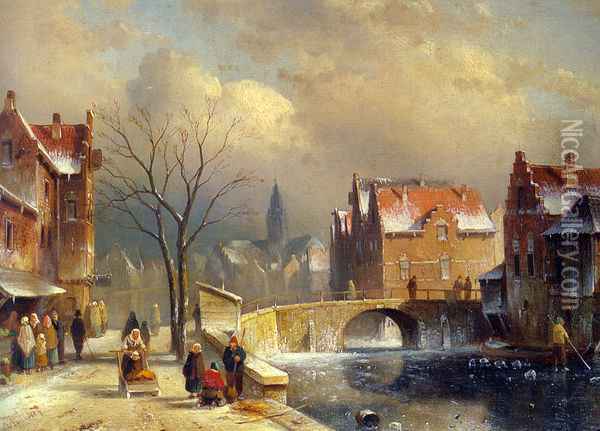 Winter Villagers on a Snowy Street by a Canal Oil Painting - Charles Henri Joseph Leickert
