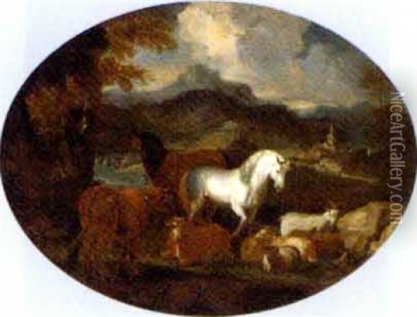 Horses, Cattle, Goats And Rams By A Lake In A Mountainous Landscape Oil Painting - Giovanni Benedetto Castiglione
