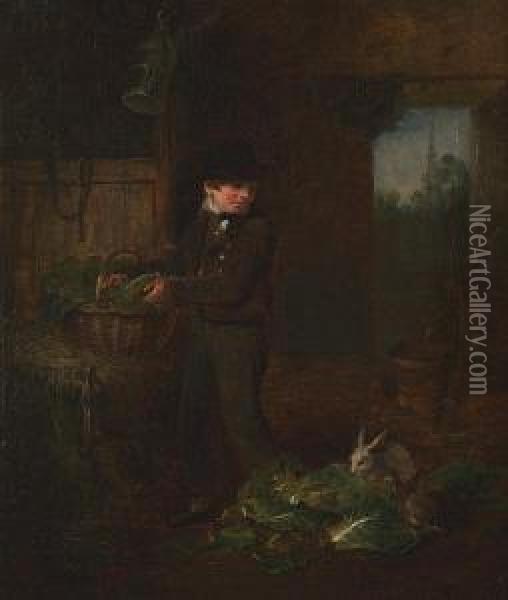 Boy Feeding Rabbits Oil Painting - Alexander Snr Fraser