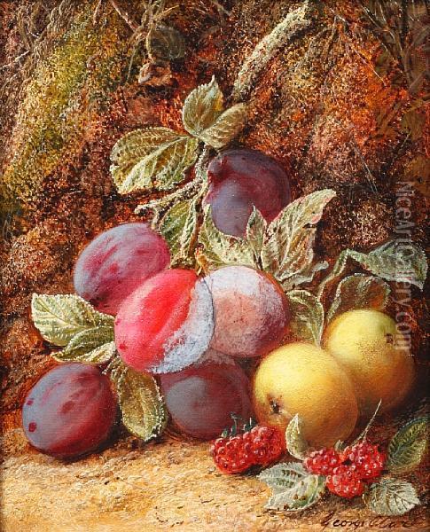 Still Life Of Plums, Raspberries And Apples Ona Mossy Bank Oil Painting - George Clare