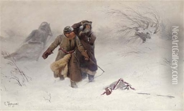 In The Blizzard Oil Painting - Konstantin Aleksandrovich Trutovsky