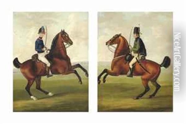 A Yeomanry Officer On Horseback And A German Hussar On Horseback (pair) Oil Painting - Francis Sartorius the Elder