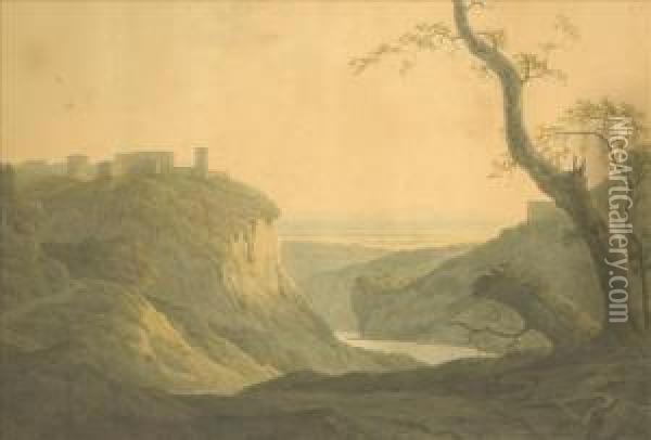 Italian River Landscape, With Classical Pavilion And Medieval Castle Oil Painting - Joseph Wright