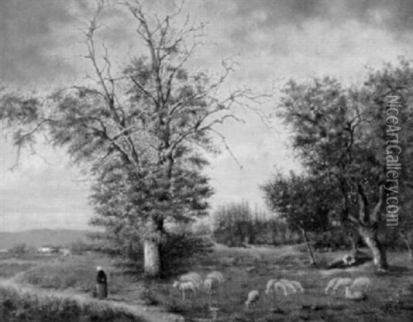 Landschaft Mit Weidender Schafherde Bei Dammerung Oil Painting - Jean Joseph Benjamin Constant