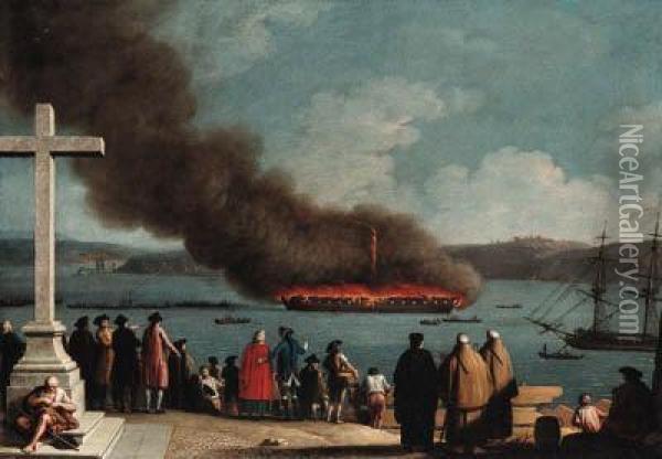 The Burning Of The Frigate Graca Divina In The Harbor Of Lavaletta, Malta
Signed And Inscribed 'rocha Inv Et Pinx' Oil Painting - Joaquin Manuel Da Rocha
