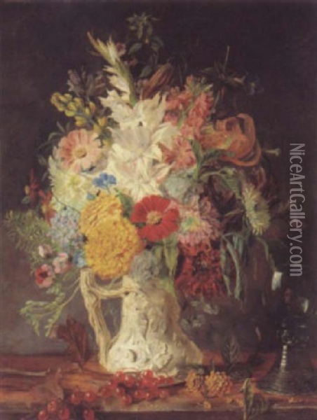 A Vase Of Flowers With Self Portrait Oil Painting - Frederick Smallfield