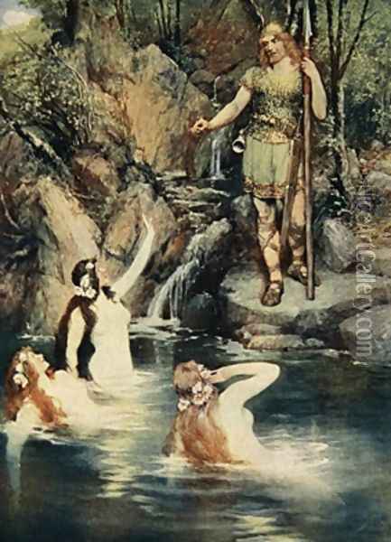 The three maidens swam close to the shore Oil Painting - Ferdinand Leeke
