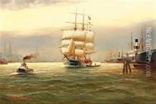 Harbour Scene From Hamburg With Pilot Boat And Ship Flying The Danish Flag Oil Painting - Alfred Serenius Jensen