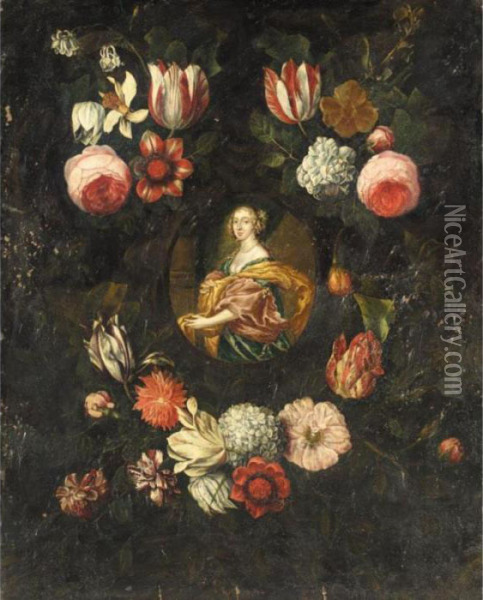 Portrait Of A Lady, Three-quarter Length, Surrounded By A Floral Garland Oil Painting - Frans Van Everbroeck