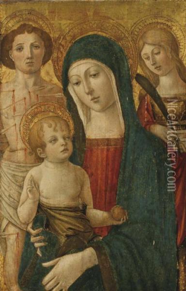Vierge A L'enfant Entouree De Saint Sebastien Et De Sainte Lucie Oil Painting - Benvenuto Di Giovanni Guasta