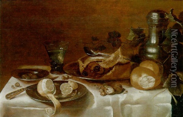 A Pie, A Bread Roll, Wallnuts And Hazelnuts, A Partly Peeled Lemon And Other Objects On A Partly Draped Table Oil Painting - Cornelis Cruys