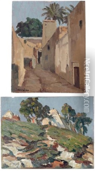Ruelles De Marrakech, Derb Foundouk, Sidi Mansour - Marabout Dans Les Arbres, Rabat (2 Works) Oil Painting - Louis Morere