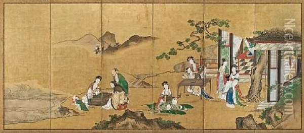 Chinese Scholars And Beauties (on 6 Panel Screen) Oil Painting - Takushu Katsuyama