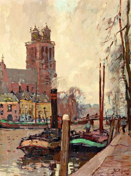 Boten In De Haven Bij De Grote Kerk Te Dordrecht Oil Painting - Herman Bogman
