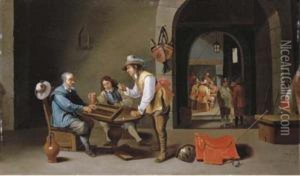 Officers And Peasants Playing Backgammon And Other Games In A Guardroom Oil Painting - Cornelis Mahu