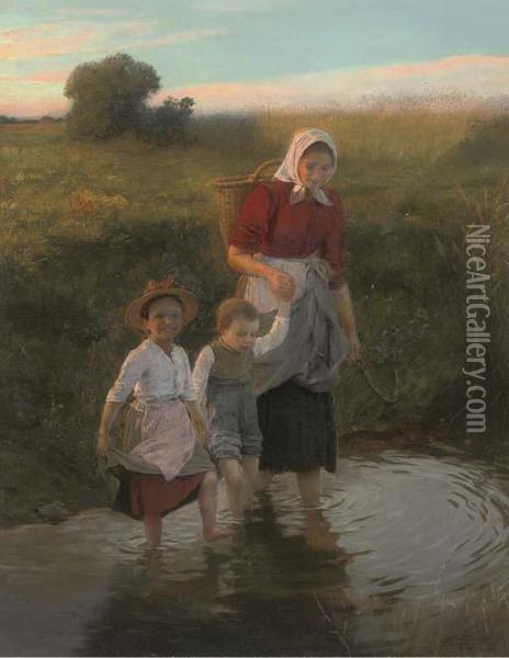 Crossing The Stream At The End Of The Day Oil Painting - Carl Von Bergen
