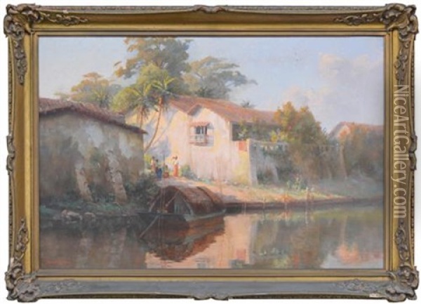 Fishing Village, South Pacific Oil Painting - Alfred Coffey
