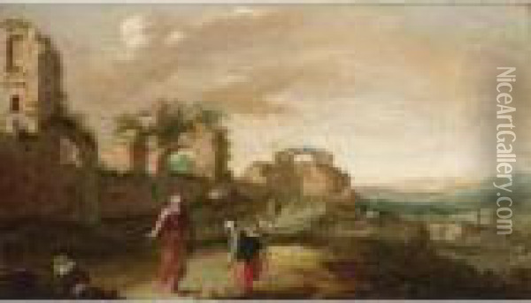 Elijah And The Widow Of Zarephath In A Classical Landscape (i Kings 17: 8-24) Oil Painting - Bartholomeus Breenbergh
