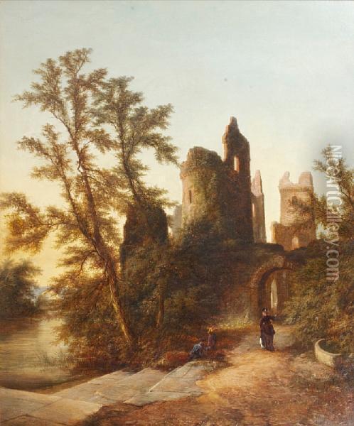 Castle Ruins On A Riverbank With Three Figuresin The Foreground Oil Painting - Walter Williams
