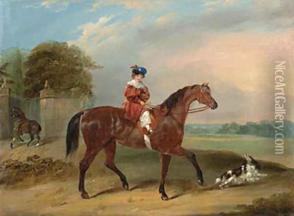 A child on a bay horse with a spaniel outside the grounds of an estate Oil Painting - Francis Calcraft Turner