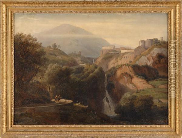 Groser Wasserfall Von Tivoli Mit Kronendem Vesta- Und Sibillentempel. Oil Painting - Ernst Fries