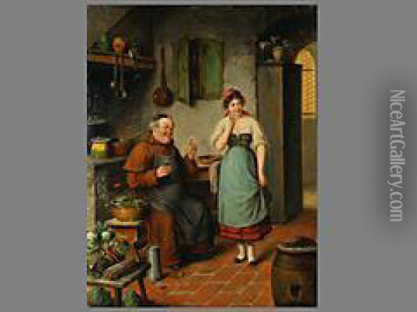 Monch Und Junges Madchen In Der Kuche Oil Painting - Carl Ostersetzer