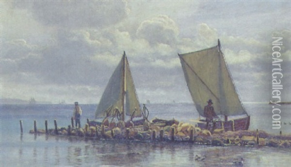 Marine Fra Oresund Med Fiskere Ved Deres Bade Oil Painting - Christian Blache