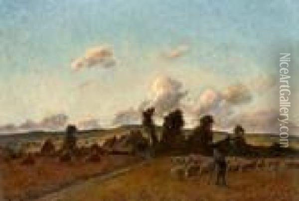 Berger Et Son Troupeau Dans La Plaine Oil Painting - Jules Louis Rame
