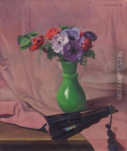 Bouquetd'anemones Et Eventail - Anemones Et Pot Vert Oil Painting - Felix Edouard Vallotton