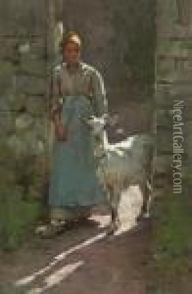 Girl With Goat Oil Painting - Theodore Robinson