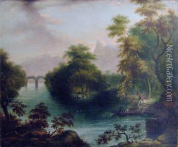 Landscape With Figures On A Lake Oil Painting - Alexandre Calame