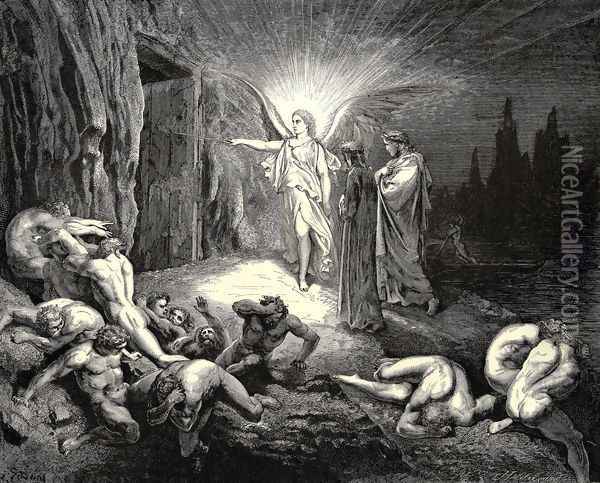 The Inferno, Canto 9, lines 87-89: To the gate He came, and with his wand touch'd it, whereat Open without impediment it flew. Oil Painting - Gustave Dore