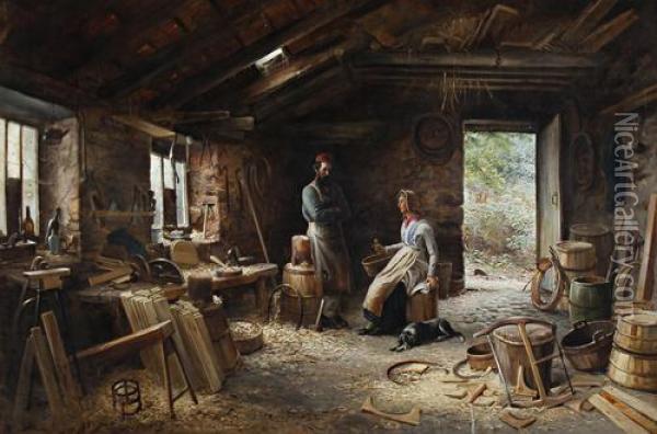 A Cooper's Workshop Oil Painting - Joseph Wrightson McIntyre