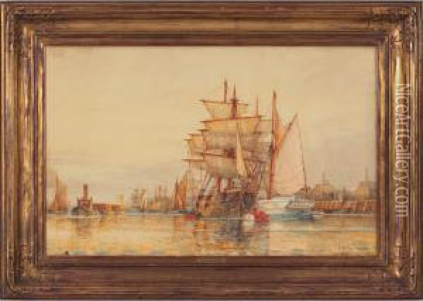 Shipping On The Thames, Drying Sails Oil Painting - Frederick James Aldridge
