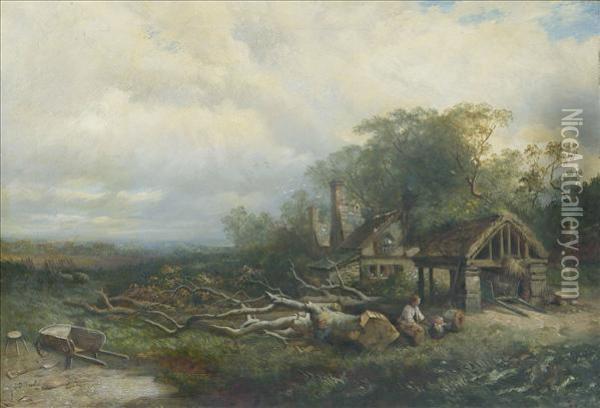 Childrenplaying By A Cut Tree In A Wooded Landscape Oil Painting - James Duffield Harding