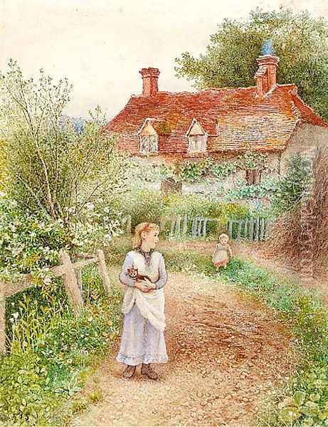 Children holding a cat before a cottage Oil Painting - Alice Squire