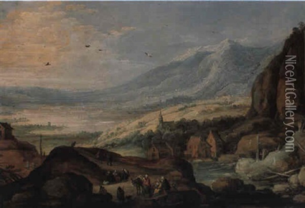 An Extensive Alpine Landscape With A Watermill, A Lake Beyond Oil Painting - Joos de Momper the Younger