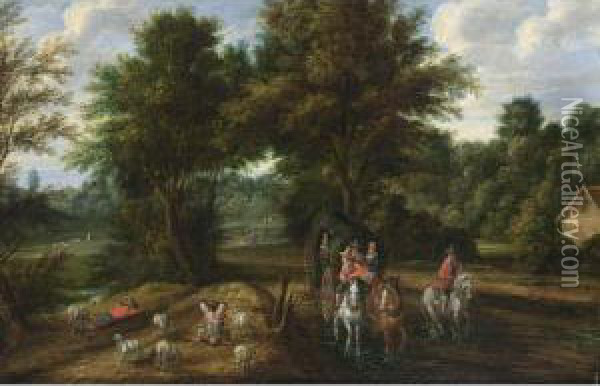 A Wooded Landscape With 
Travellers In A Horse-drawn Carriage With A Horseman And Shepherds With 
Their Sheep Resting Oil Painting - Boudewyns Adriaen & Bout Peeter