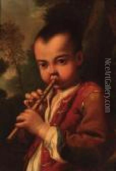 A Boy Playing A Flute In A Landscape Oil Painting - Antonio Amorosi