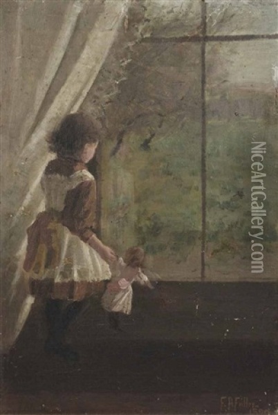 Girl With Doll Oil Painting - Florence Ada Fuller