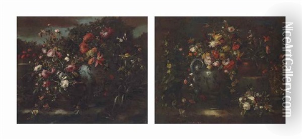 Flowers In Urns And Vases In A Garden (pair) Oil Painting -  Pseudo Guardi