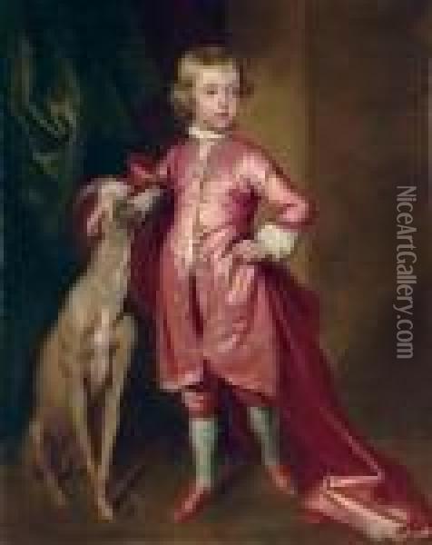 Portrait Of A Boy, Full-length, In Pink, With A Greyhound, In An Interior Oil Painting - John Vanderbank