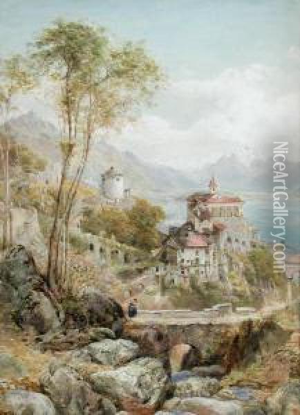 View Of An Italian Castle By A Lake Oil Painting - Ebenezer Wake Cook