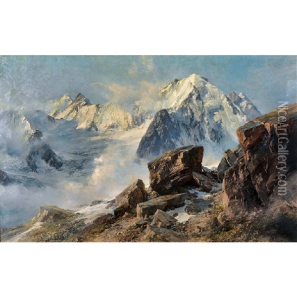 Aiguille D'argentiere With Tour Noir, Aiguille Verte And Saleina Glacier Oil Painting - Edward Theodore Compton